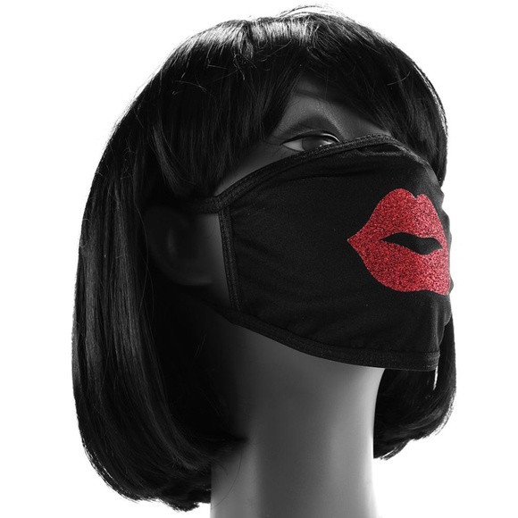 Ella Etc Pucker Up Glitter Red Kiss Face Mask | Black Fashion Mask - Picture 3 of 6